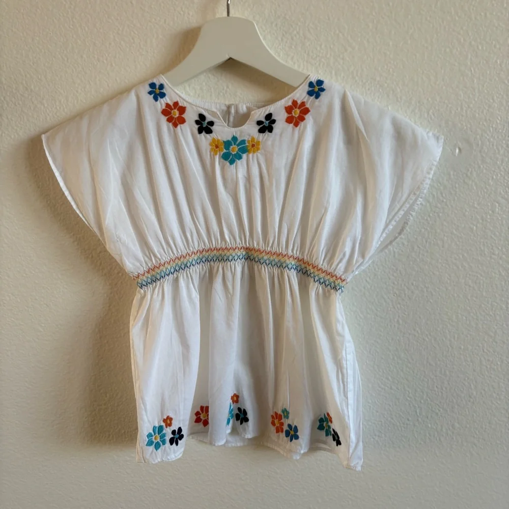 Gymboree White Cotton Top embroidered 4 girl floral tropical conch waist